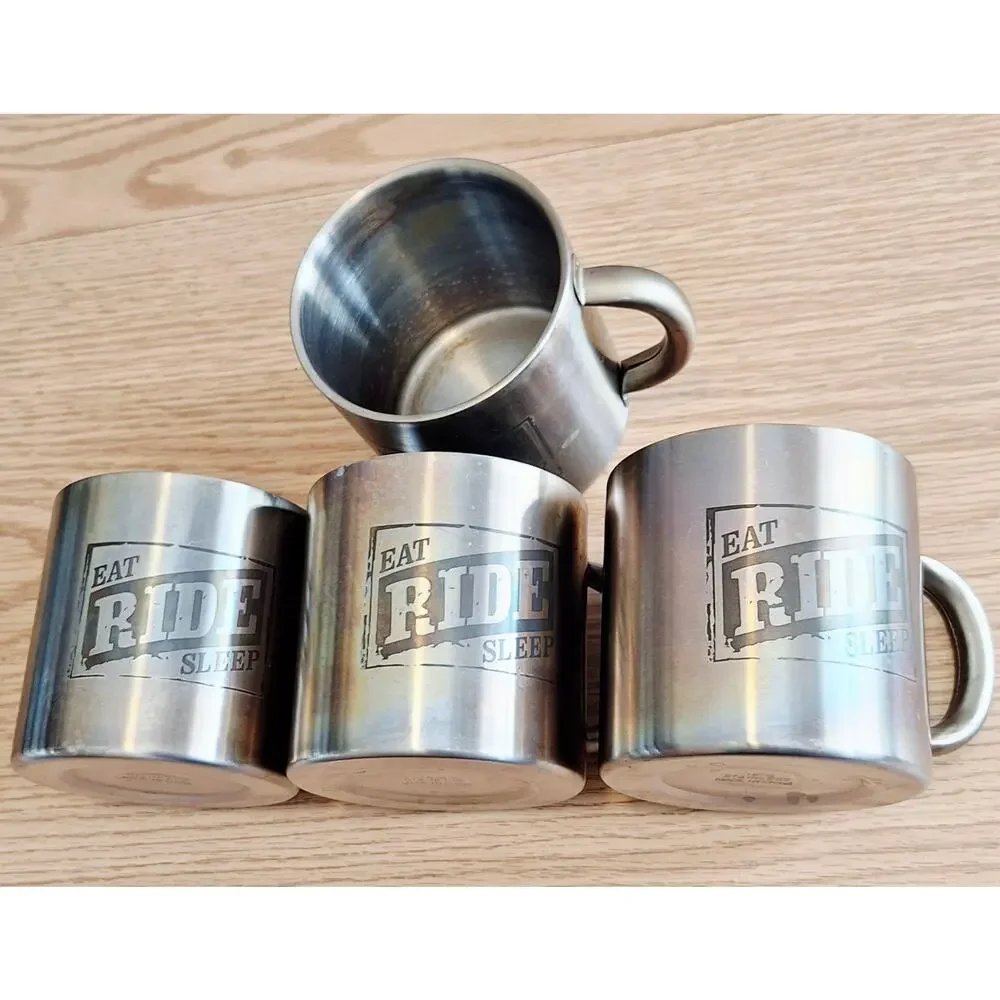 Vtg Eat Sleep Ride Motorcycle Mugs Stainless Steel Coffee Cups Marlboro Set Of 4
